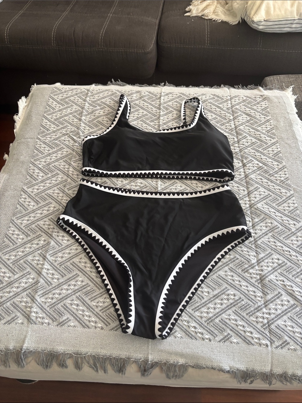 Womens Black Two-Piece Swimsuit with White Trim